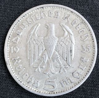 1935 J 5 Reichsmark German Silver Coin