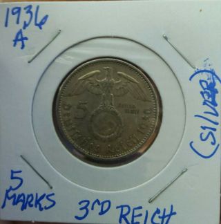 1936 A 5 Mark German Ww2 Silver Coin With Swastika Reichsmark