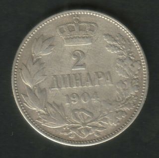 Serbia 2 Dinara 1904.  Silver Coin,  Km 26.  1