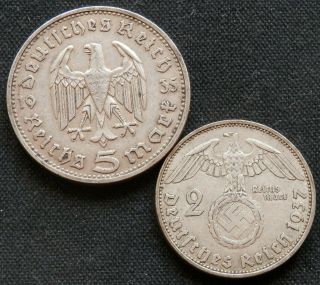 Germany,  3rd Reich,  2 Circ Hi Grade Silver Coins: 2 Marks 1937 & 5 Marks 1935