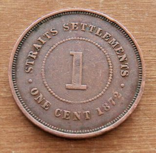 Straits Settlements - One Cent - 1872 H - Copper - Scarce -