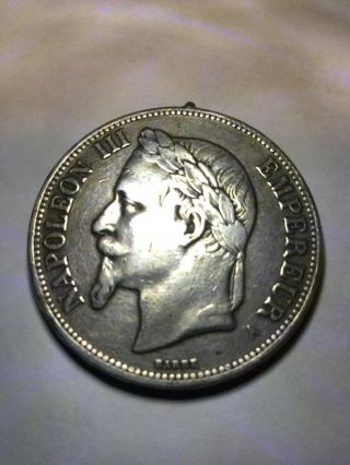 Silver 1870 A Emperor Napoleon Iii 5 Francs Coin, .  900 Fine 5 Francs Coin