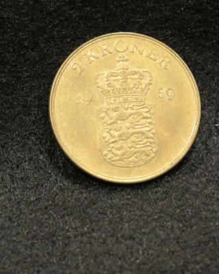 Denmark 1959 2 Kroner A.  U. ,  Better Date Coin