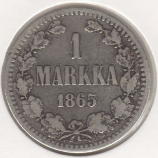 1865 Finland 1 Markka Km 3.  1 Silver Vf,  Russian Empire Czar Alexander Ii
