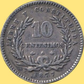 1877 Uruguay 10 Centesimos Silver Coin (anchor Left) (2.  5 Grams.  900 Silver)