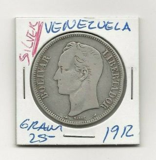Silver World Coin 1912 Venezuela 5 Bolivares