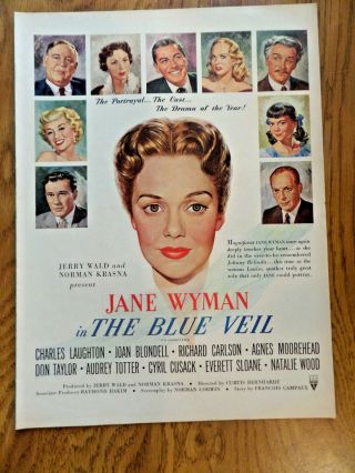 1951 Movie Ad The Blue Veil Jane Wyman Charles Laughton Joan Blondell Carlson