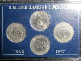 1952 - 1977 Silver Jubilee 4 Coin Set Gibraltar Bailiwick Of Jersey Guernsey
