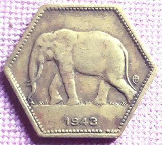 Belgian Congo : 2 Francs 1943 Elephant Km 25 Six Sided