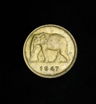 1947 Belgian Congo 2 Francs African Elephant Coin