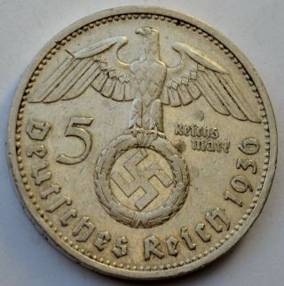 5 Reichsmark 1936 E,  Third Reich Germany,  Paul Von Hindenburg