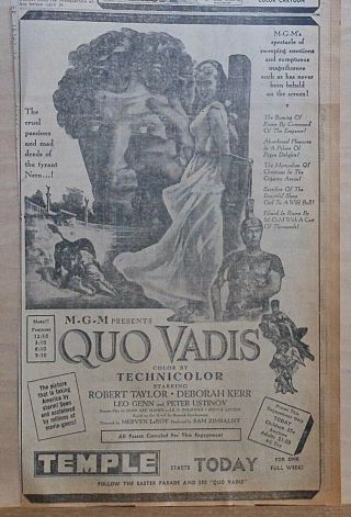 Large 1952 Newspaper Ad For Movie Quo Vadis - Rome Vs.  Christians,  Mighty Epic