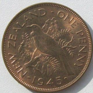 Zealand 1945 Penny,  Uncirculated Red And Brown,  Km Tn 13