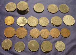 Wwii German Third Reich Hoard Of 35 Small Coins 1 - 2 - 5 - 10 - 50 Pfennig