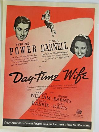 Tyrone Power - Linda Darnell - " Day - Time Wife " - Vintage Trade Ad