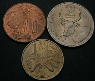 Gambia 1 Penny & 1,  2 Shillings 1966 - 3 Coins.  - 1464