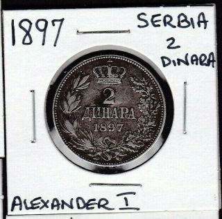 1897 Serbia Silver 2 Dinara Of Alexander I Assassinated In 1903