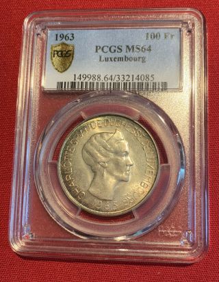 Pcgs Ms64 Gold Shield - Luxembourg 1963 Charlotte Silver 100 Francs