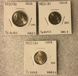 India 1950b Set Of 3 Coins 1/2 Anna,  1/4 Rupee,  1/2 Rupee.