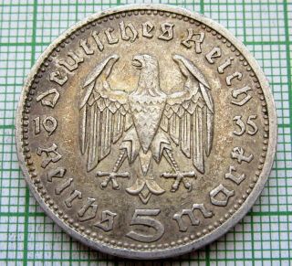 Germany Third Reich 1935 A 5 Reichsmark Hindenburg Silver Patina