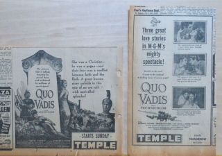 Two 1952 Newspaper Ads For Movie Quo Vadis - 3 Great Love Stories,  Sword/sandal