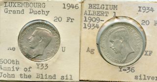 1934 Belgium 20 Franc & 1946 Luxembourg 20 Franc Bu Silver Coins.  Starts@ 2.  99