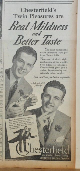 1940 Newspaper Ad For Chesterfield Cigarettes - Heasley Twins Skating Stars