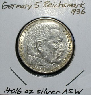 Silver 1936 Germany 5 Reichsmark Coin