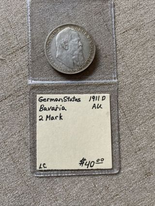 1911 D Germany Bavaria 2 Mark Silver Coin