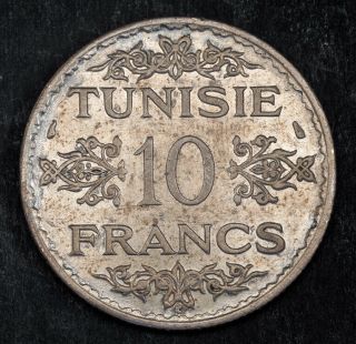 1934,  Tunisia (french Protectorate).  Silver 10 Francs Coin.  Xf - Au