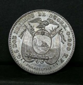Ecuador Silver 2 Decimos 1895 Unc Full Luster Rare In This