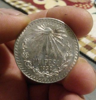 1932 One Un Peso Mexico Coin.  720 Silver Mexican World Coin Uncirculated