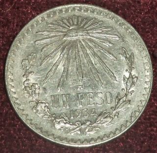 Au / Bu 1934 Mexico.  720 Silver Un Pesos,  Scarce Date,