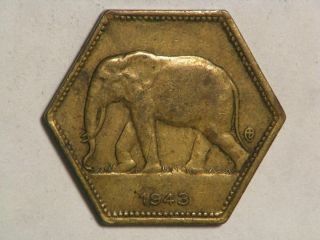 Belgian Congo 1943 2 Francs Elephant Vf