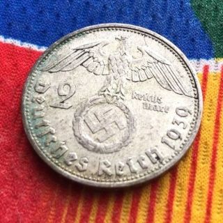 1938 B 2 Mark Wwii German Silver Coin 3rd Reich Swastika Reichsmark Coin 5 Au