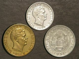 Romania 1947 5 & 10000 Lei / 1951 20 Lei - 3 Coins Xf - Au
