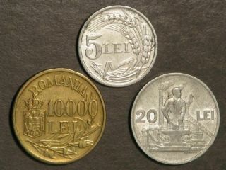 ROMANIA 1947 5 & 10000 Lei / 1951 20 Lei - 3 Coins XF - AU 2