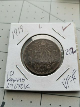 1919 Mexico Silver 50 Centavos Coin Km 446