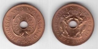 Rhodesia & Nyasaland - Unc 1 Penny Coin 1962 Year Km 2 Elephant