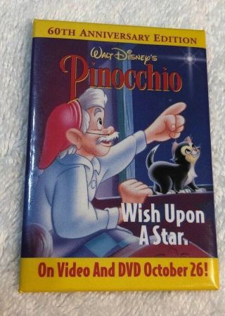 Vintage Pinocchio Promo 60th Anniversary Edition Dvd Pin Back Button Walt Disney