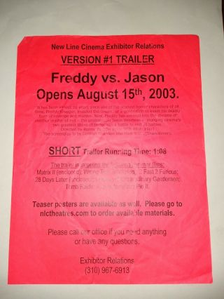 Freddy Vs.  Jason (2003) Projectionist Sheet For 35mm Trailer (not)