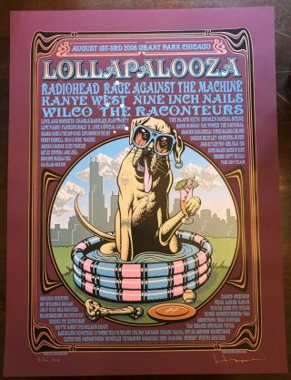 2008 Lollapalooza Hampton S/e S/n Radiohead Ratm Kanye Nin Wilco Rare Poster