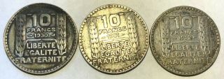 France Silver 10 Francs - 3 Coins 1930 1931 1932 - Avg Circ.  Date Run