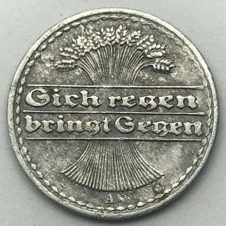 Germany: 1922 A 50 Pfennig Rare Aluminum Coin.  Km 27