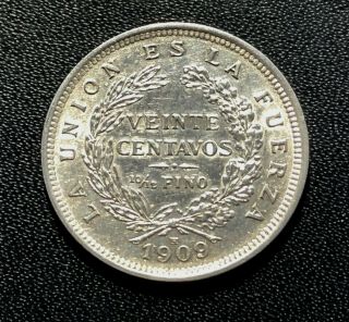 Bolivia 1909 20 Centavos Silver Coin