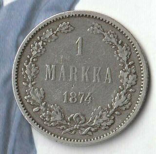 1874 Finland (russian Empire) 1 Markka - 86.  8 Silver Million Minted Only