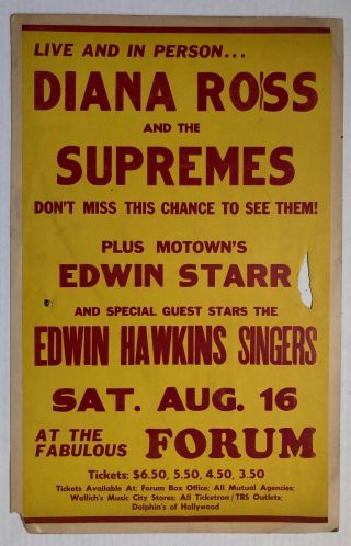 Diana Ross & The Supremes 1969 La Forum Cardboard Concert Poster Motown Starr