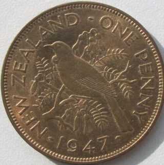Zealand 1947 Penny,  Uncirculated Red And Brown,  Km Tn 13