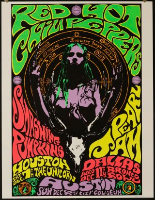 Kozik Pearl Jam Rhcp Smashing Pumpkins 1991 Signed Houston Tx Silkscreen Poster