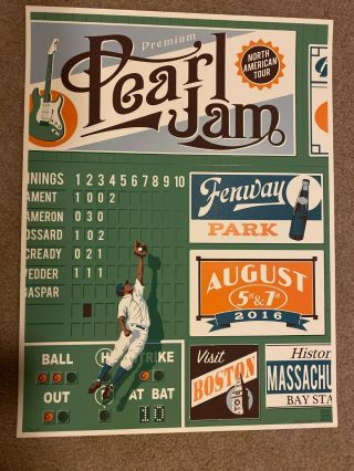 Pearl Jam Poster Fenway Park Boston,  Ma 2016 Steve Thomas Variant Limited Signed